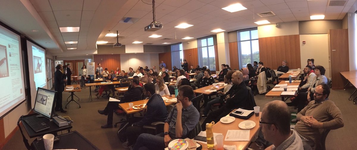 Interested students and faculty attending a presentation about the FIA Innovation Spark Grant competition